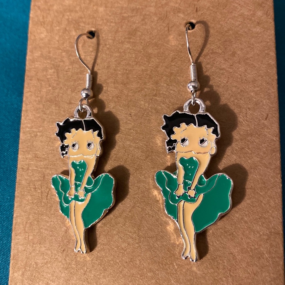 Silver tone green dress Betty boop enamel earrings